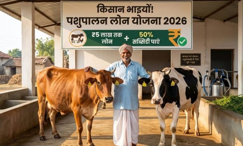 भारतीय किसान डेयरी फार्म में अपनी गाय के साथ, पशुपालन लोन योजना 2026 की जानकारी दर्शाते हुए।