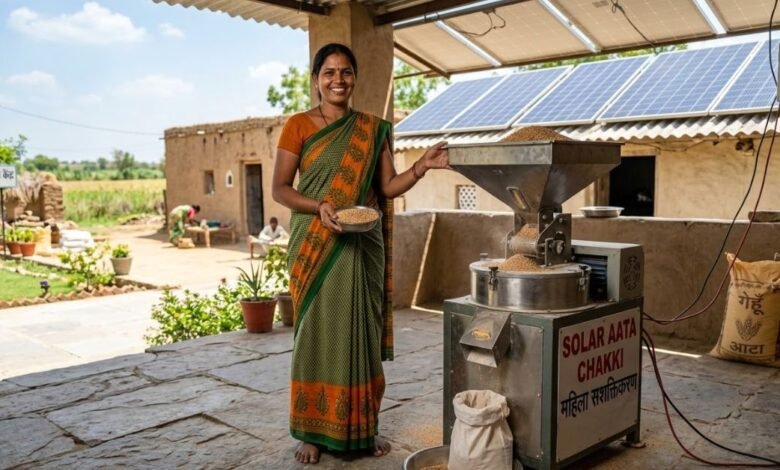 भारतीय महिला और सोलर आटा चक्की मशीन - स्वरोजगार योजना।