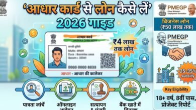 Person holding Aadhaar Card and applying for PMEGP loan on a laptop.