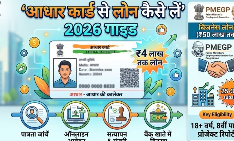 Person holding Aadhaar Card and applying for PMEGP loan on a laptop.