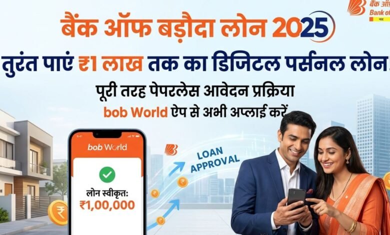 बैंक ऑफ बड़ौदा ₹1 लाख डिजिटल पर्सनल लोन 2025 आवेदन प्रक्रिया का ग्राफिक