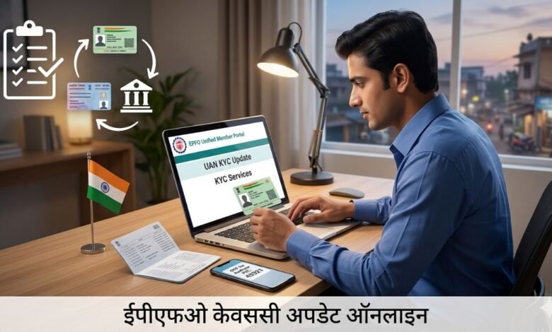 A person updating EPFO KYC on a laptop with an Aadhaar card and passbook nearby