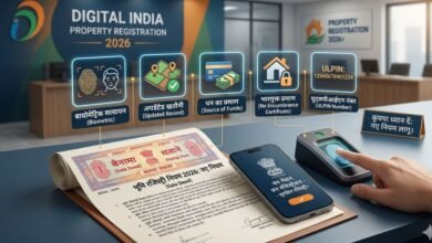 Indian land registry documents and stamp paper with biometric scanner illustration for 2026 rules