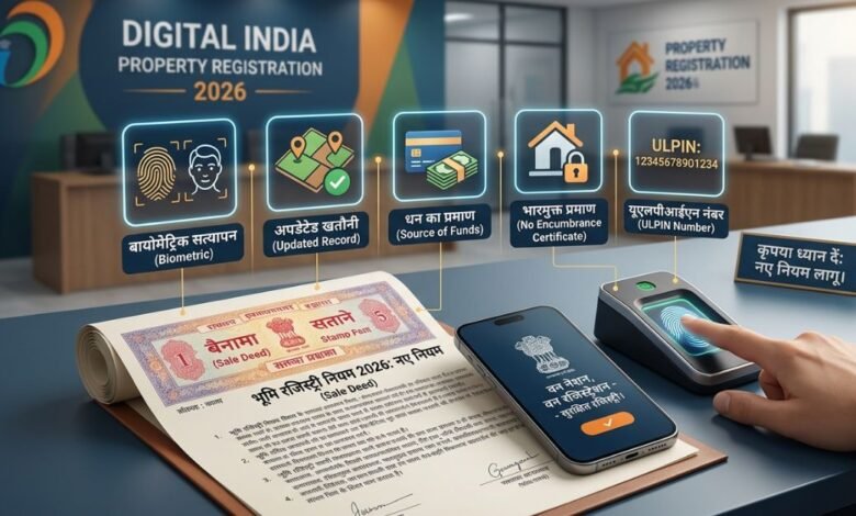 Indian land registry documents and stamp paper with biometric scanner illustration for 2026 rules