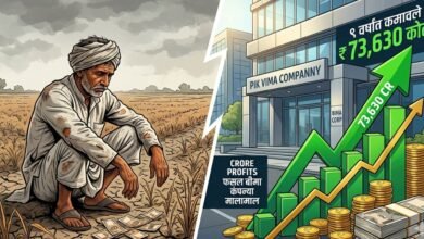 भारतीय किसान सूखे खेत में उदास बैठा है और फसल बीमा कंपनियों के मुनाफे का ग्राफ।