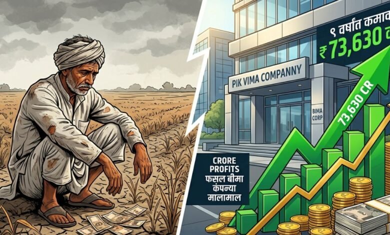 भारतीय किसान सूखे खेत में उदास बैठा है और फसल बीमा कंपनियों के मुनाफे का ग्राफ।