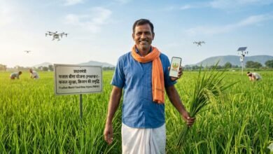 भारतीय किसान अपने हरे-भरे खेत में प्रधानमंत्री फसल बीमा योजना (PMFBY) के तहत सुरक्षित महसूस करते हुए।