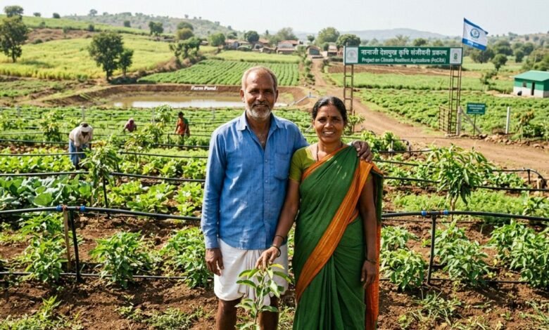 नानाजी देशमुख कृषि संजीवनी प्रकल्प के तहत लाभ लेते महाराष्ट्र के किसान और ड्रिप सिंचाई का चित्र।